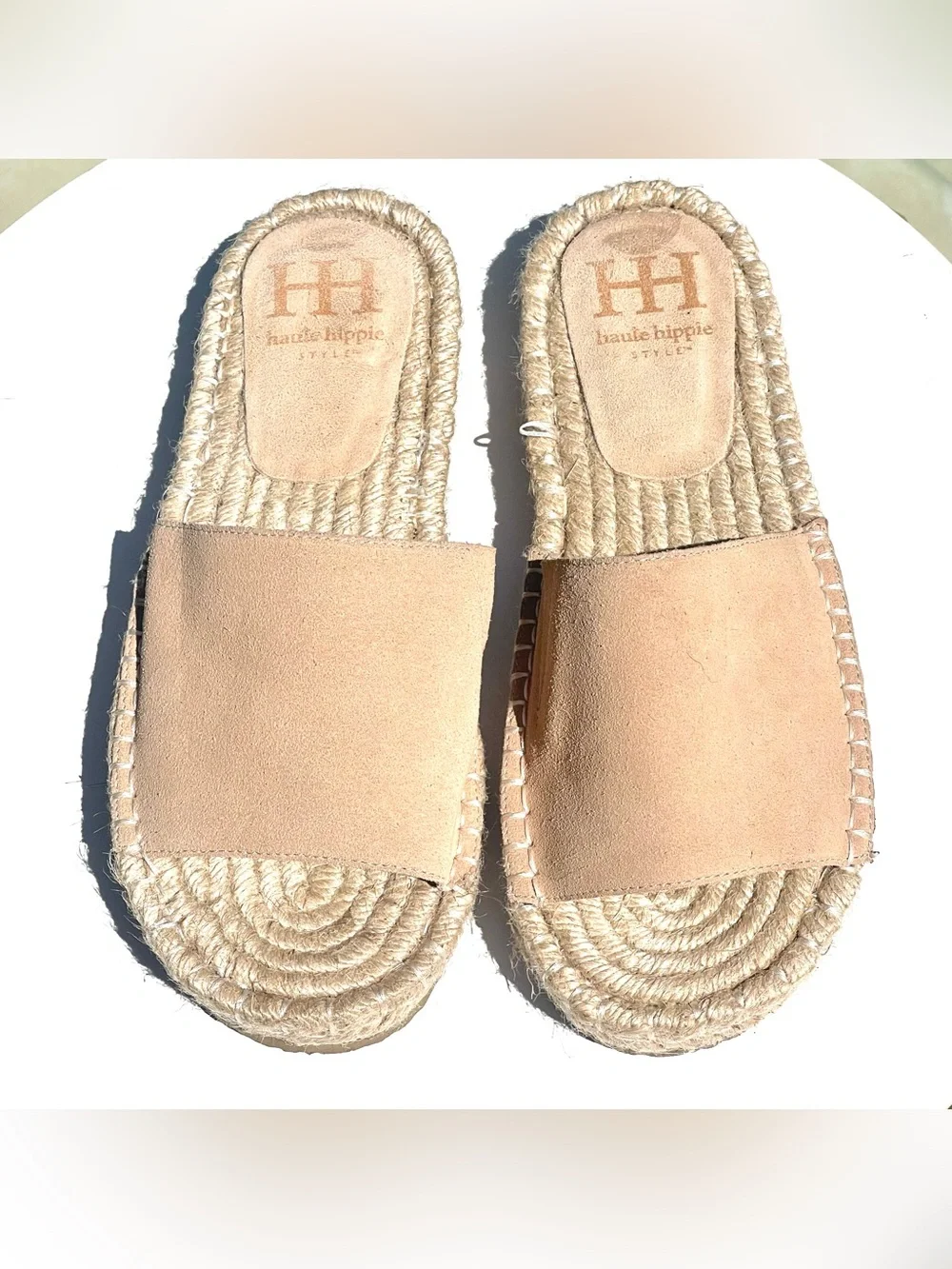 HAUTE HIPPIE Tan Suede Espadrille Slike Sandals Woven Rope Sole Size 7M